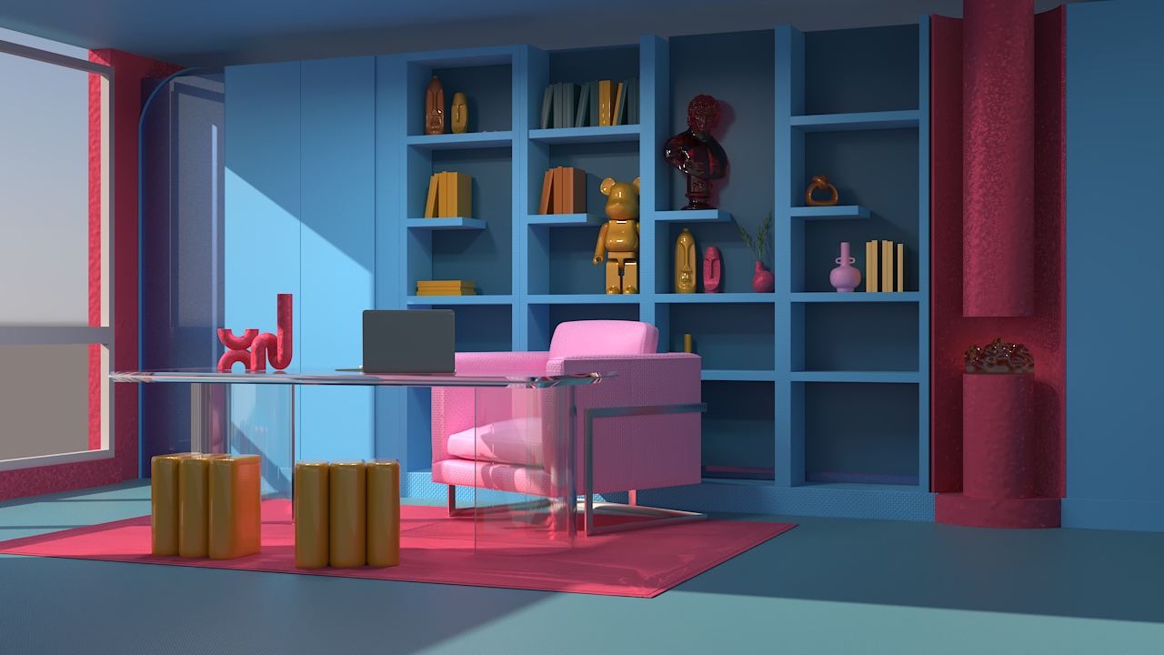 Le bureau de jour : bibliothèque bleue, fauteuil rose et bureau en verre