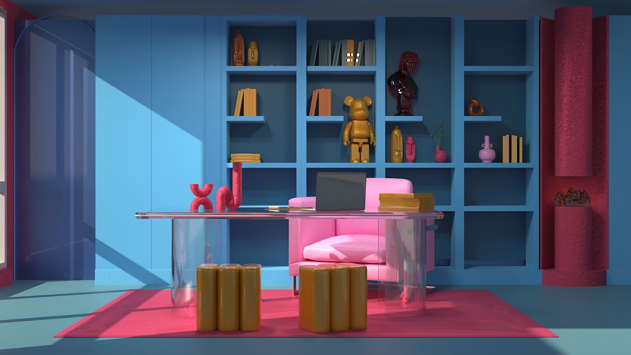 Vue frontale du bureau, symétrie de la bibliothèque et tapis rose