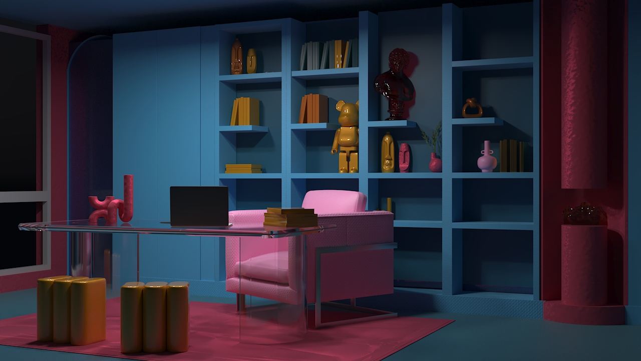 Le même bureau de nuit, éclairage artificiel et dominante rose