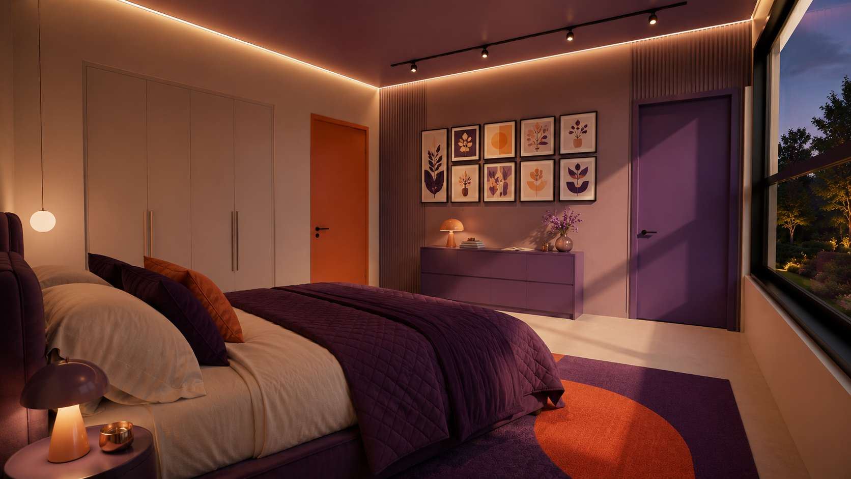 La chambre violette et orange, lumière chaude en corniche