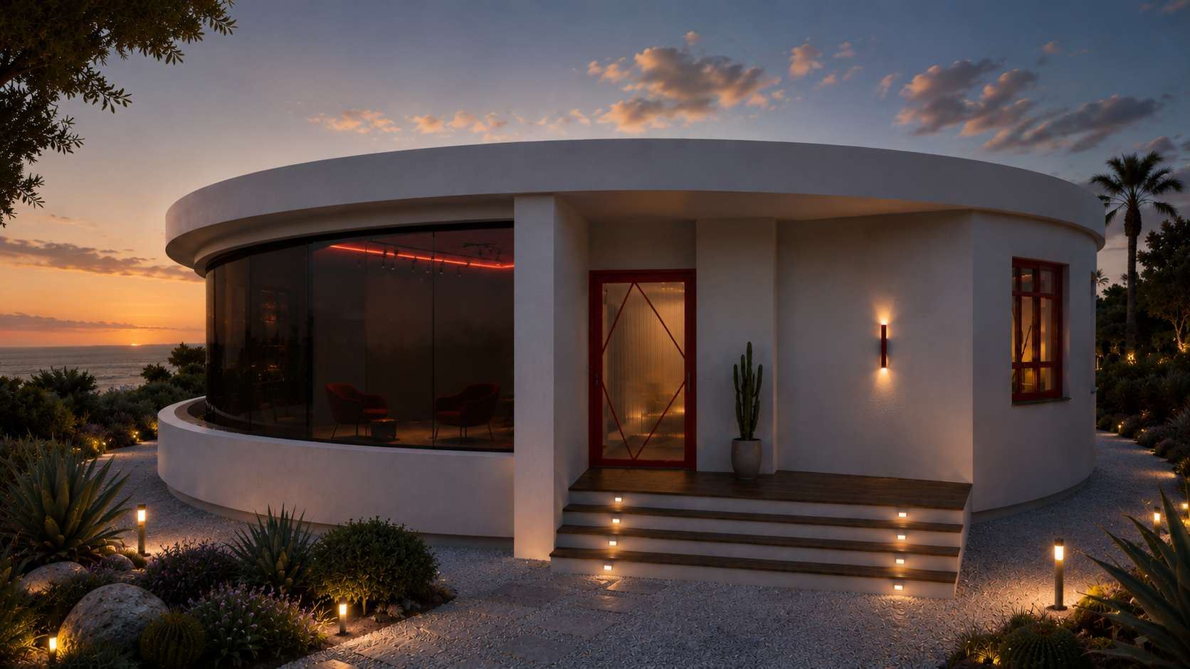 Casa Chromatica au coucher du soleil : volume circulaire blanc et menuiseries rouges