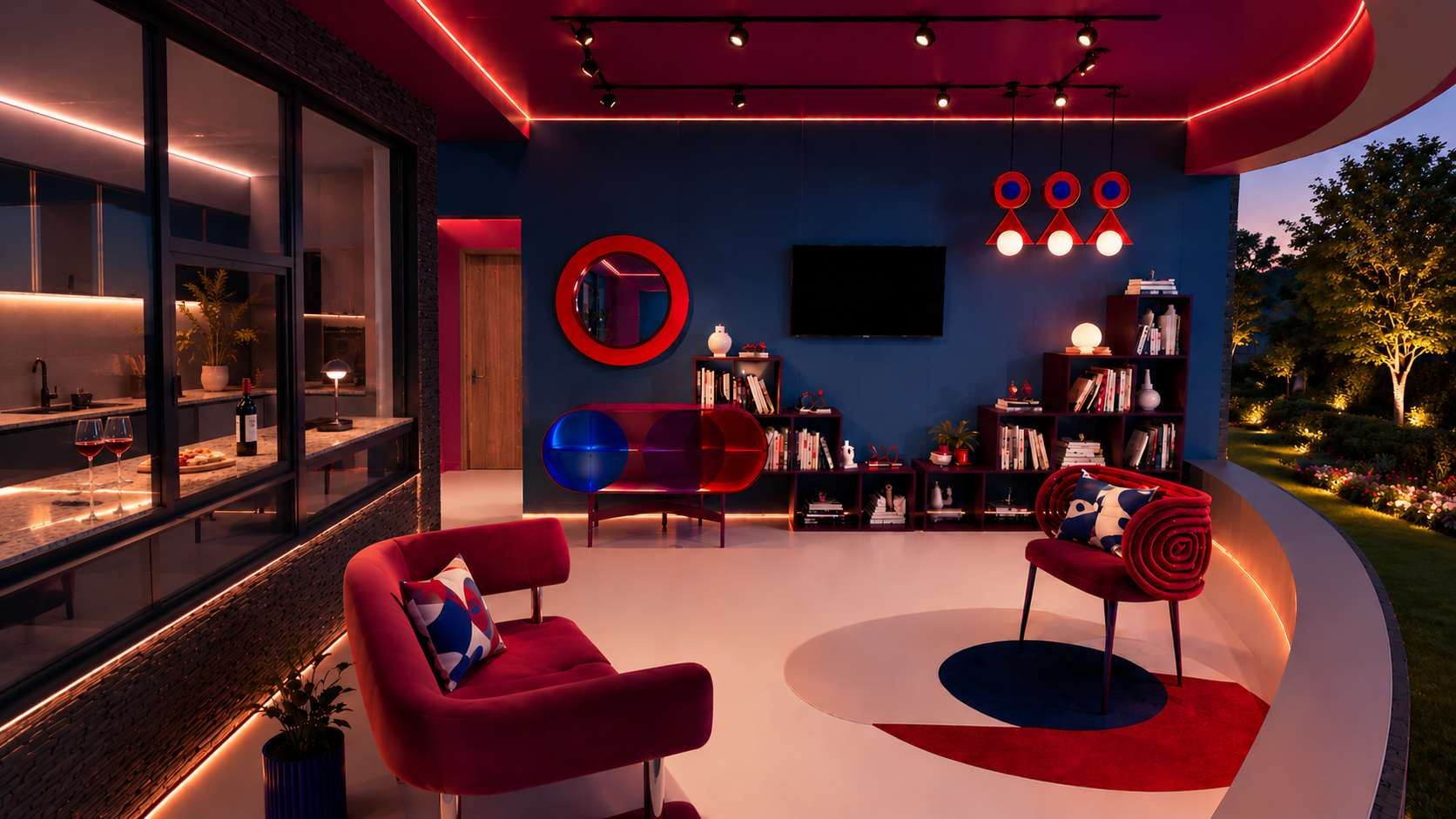 Le salon rouge et bleu, plafond courbe souligné de LED