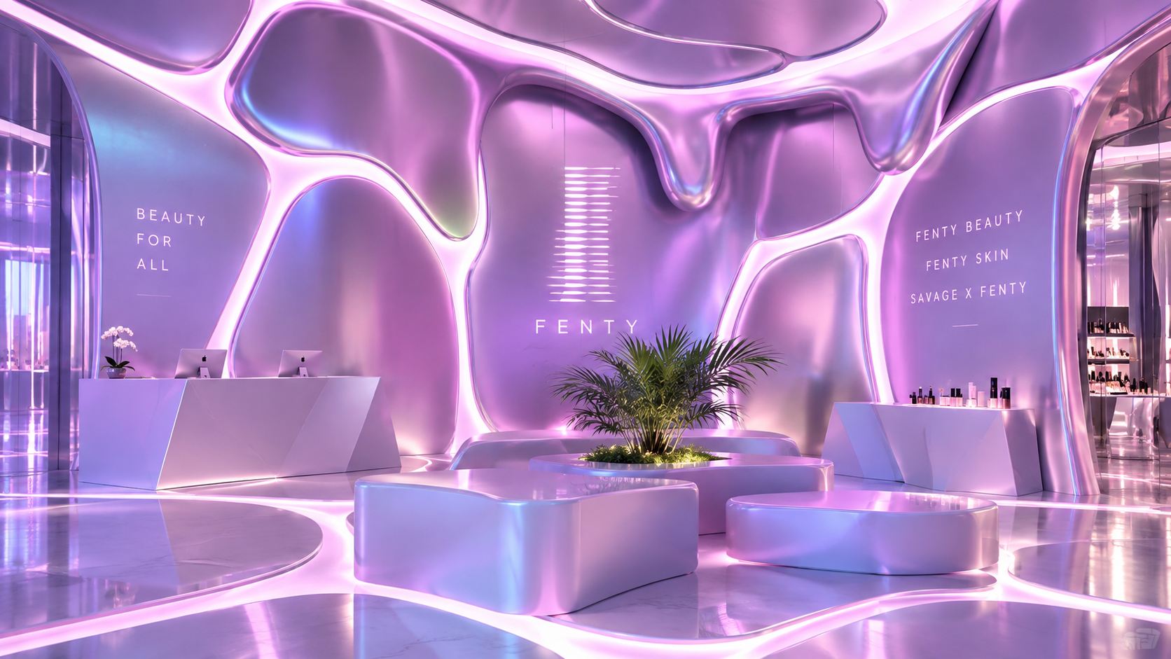 Accueil de la boutique, plafond organique et assises lumineuses