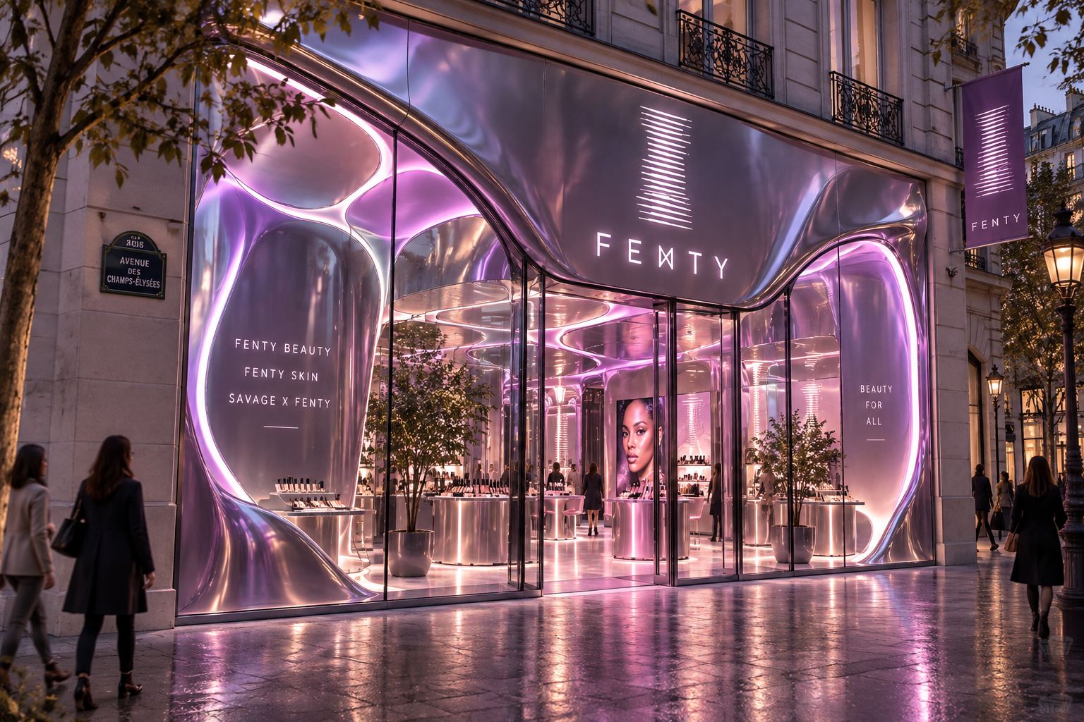 Façade de la boutique Fenty, vitrine aux formes organiques rétroéclairée en rose