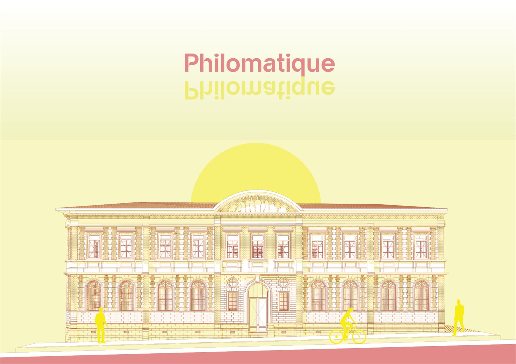 Élévation sur rue de la Philomathique, le nom du projet répété en reflet au-dessus du bâtiment