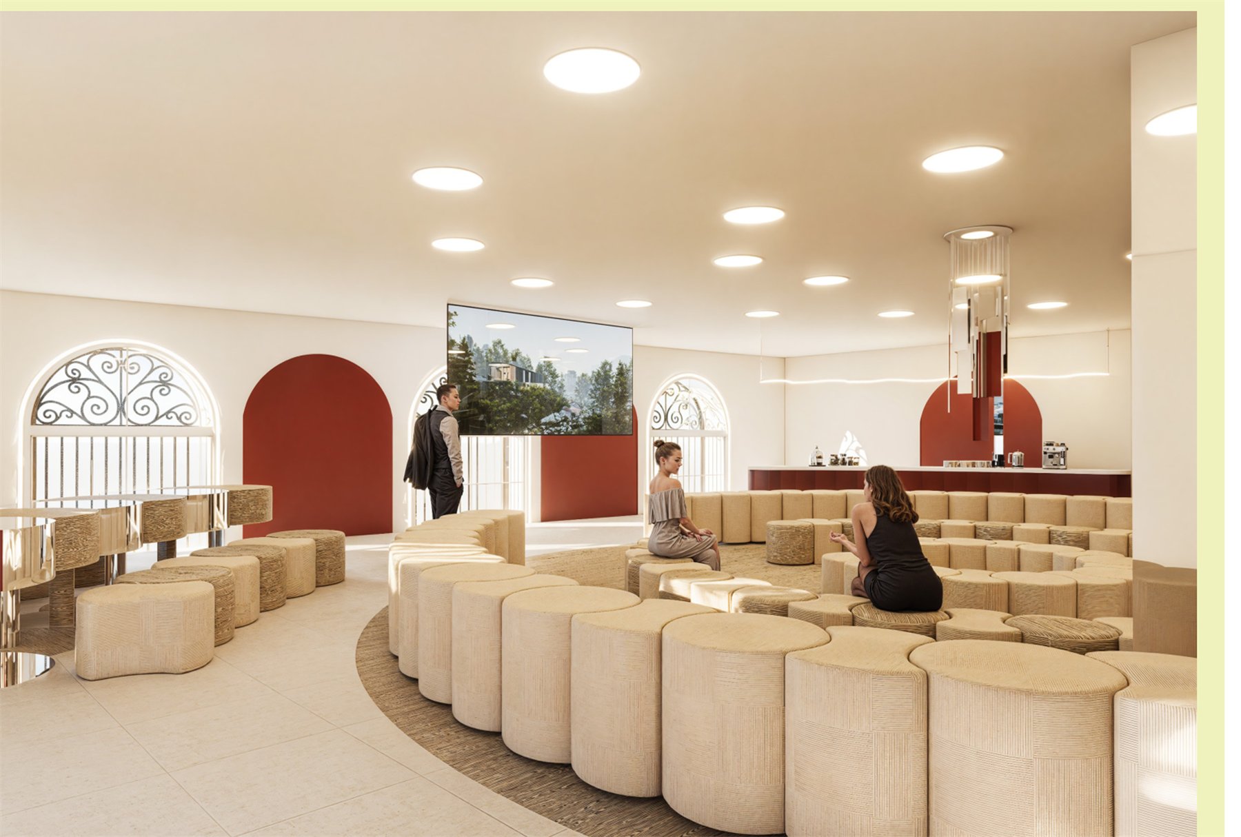 Le salon en configuration conférence, écran et gradins d'assises circulaires