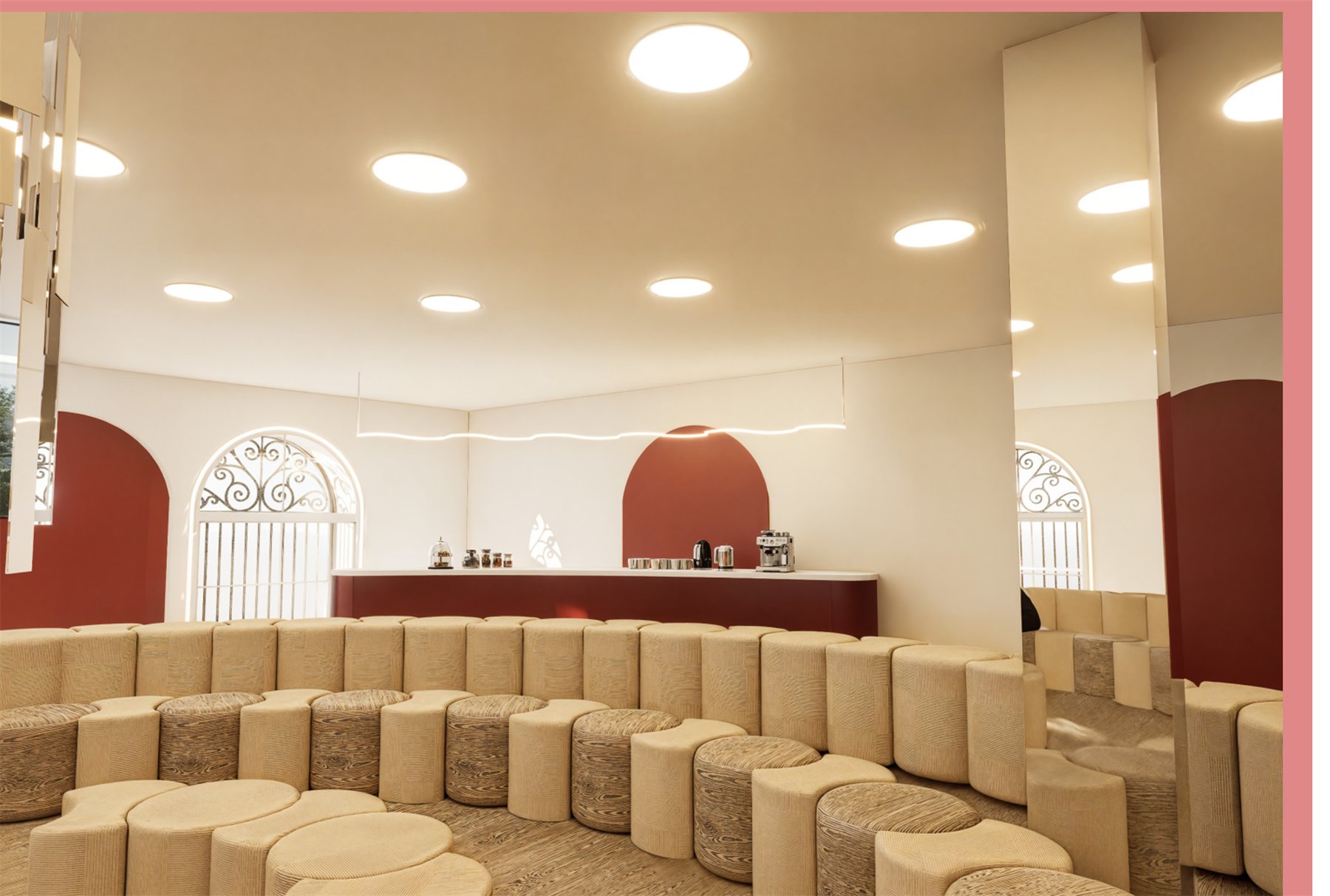 Comptoir de l'espace café du salon, sous une arche rouge