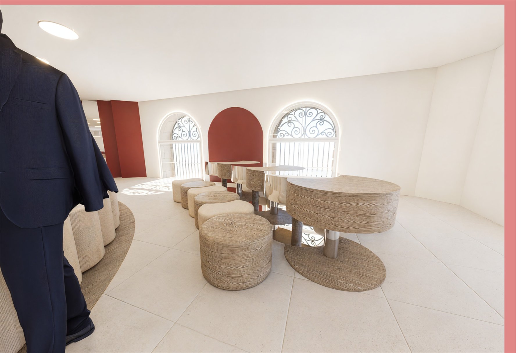 Vestiaire du salon, tabourets cylindriques et arches habillées