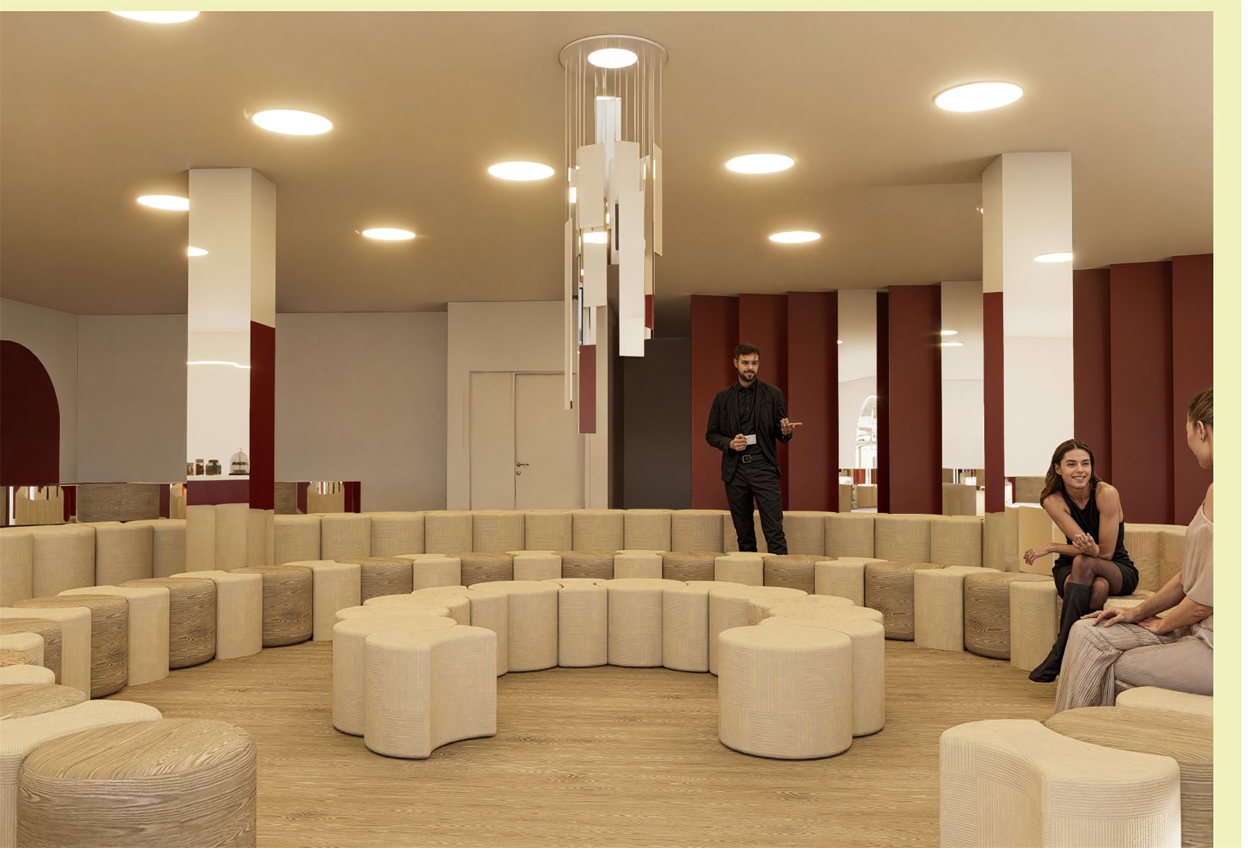 Le salon en usage : assises circulaires, suspensions et poteaux habillés de miroirs