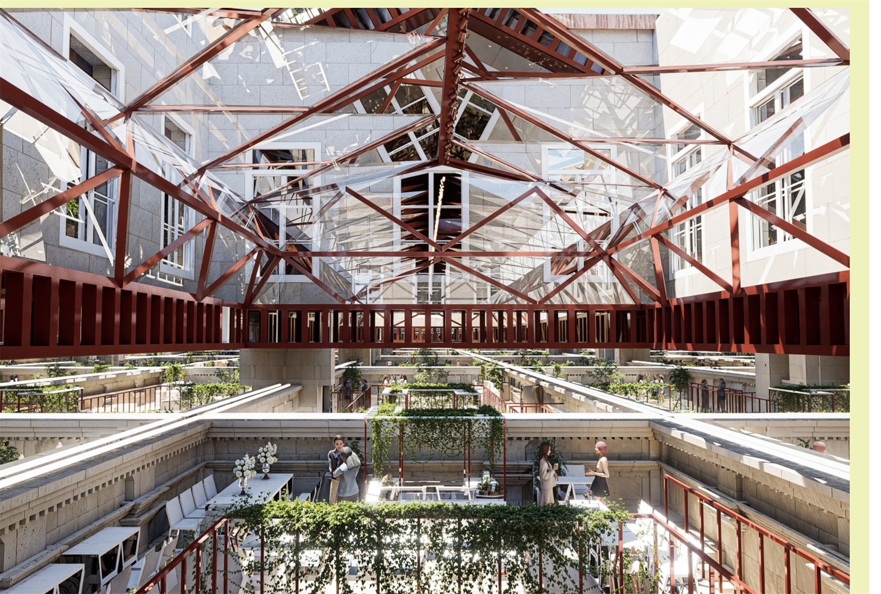 Vue d'ensemble de la verrière : charpente triangulée rouge, miroirs et cour plantée en contrebas
